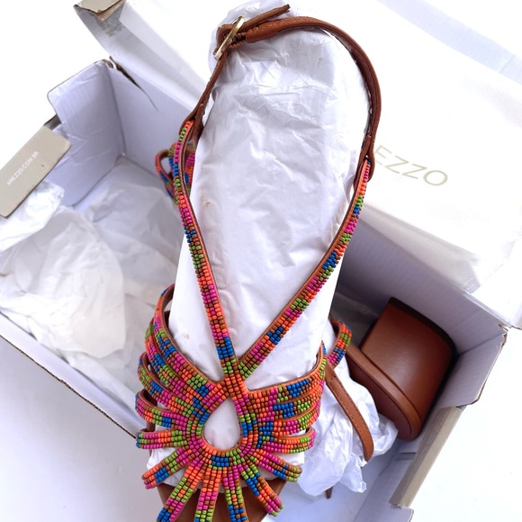 Arezzo Brown Leather Multicolor Beaded Strappy Block Heel Sandals - Picture 2 of 4